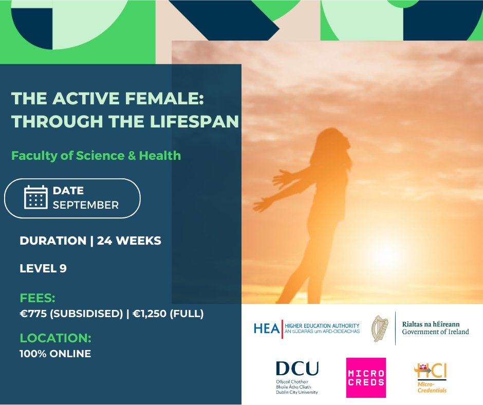 DCULearn's tweet image. DCU’s Active Female: Through the Lifespan micro-credential explores key physiological stages—menstrual cycle, pregnancy, postnatal, and menopause—and their impact on rehab and exercise.
Apply now: dcu.ie/science-and-he…
#physiotherapy #healthcare @DCUScienceHealth @MicroCreds
