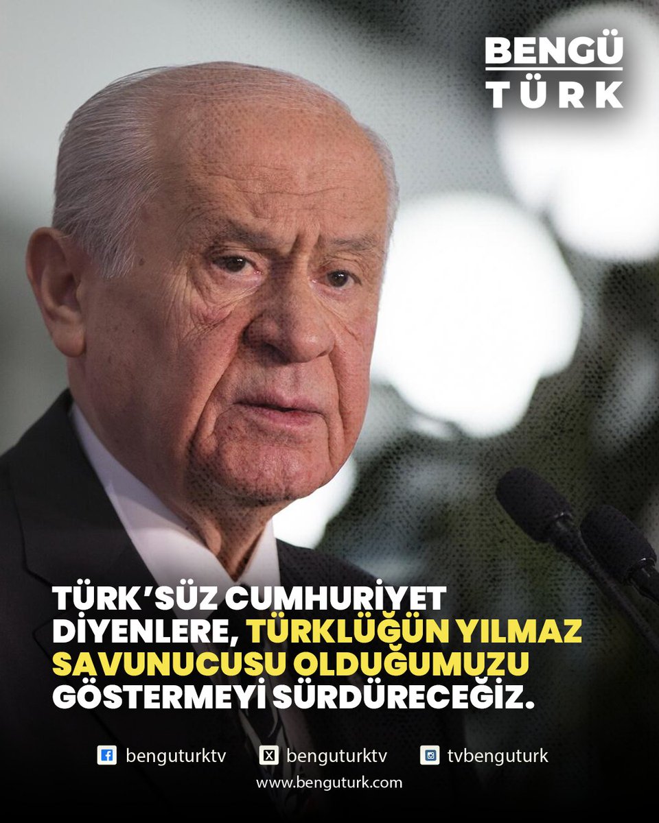 MHP Lideri Devlet Bahçeli:

💢Türk milletinden ödün veriliyor diyenlere, Türk milletinin destanını yeni yüzyılda da okumaya devam edeceğiz.

💢Türk’süz Cumhuriyet diyenlere Türklüğün bekası, bin yıllık kardeşliğin yılmaz savunucusu olduğumuzu kararlılıkla göstermeyi sürdüreceğiz.