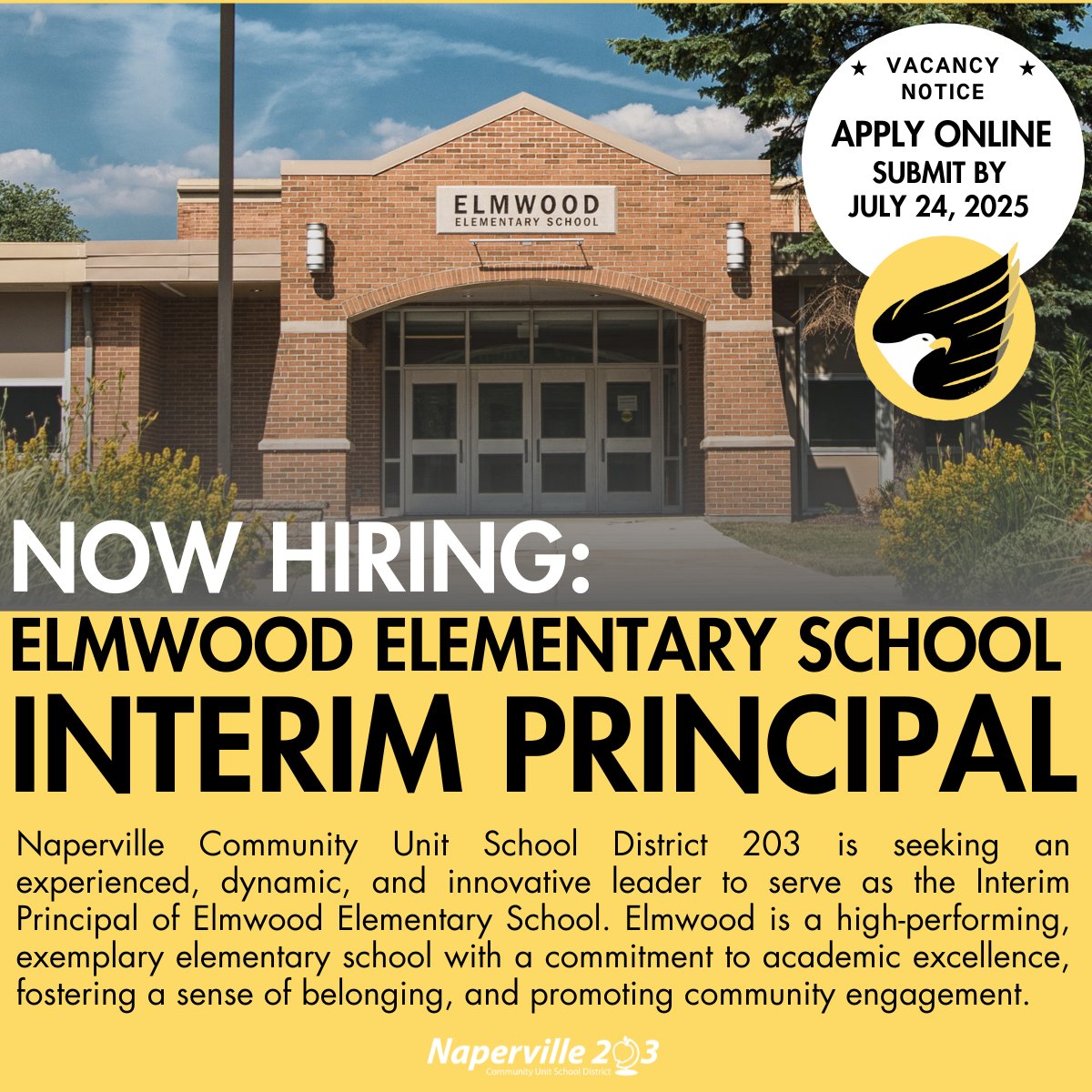 Naperville203's tweet image. 🌟 Join our thriving community at Elmwood Elementary School! Naperville Community Unit School District 203 is seeking an experienced, dynamic, and innovative leader to serve as the Interim Principal of Elmwood Elementary School. #Elevate203
👉 Apply Now: ow.ly/8WQi50WrSwg