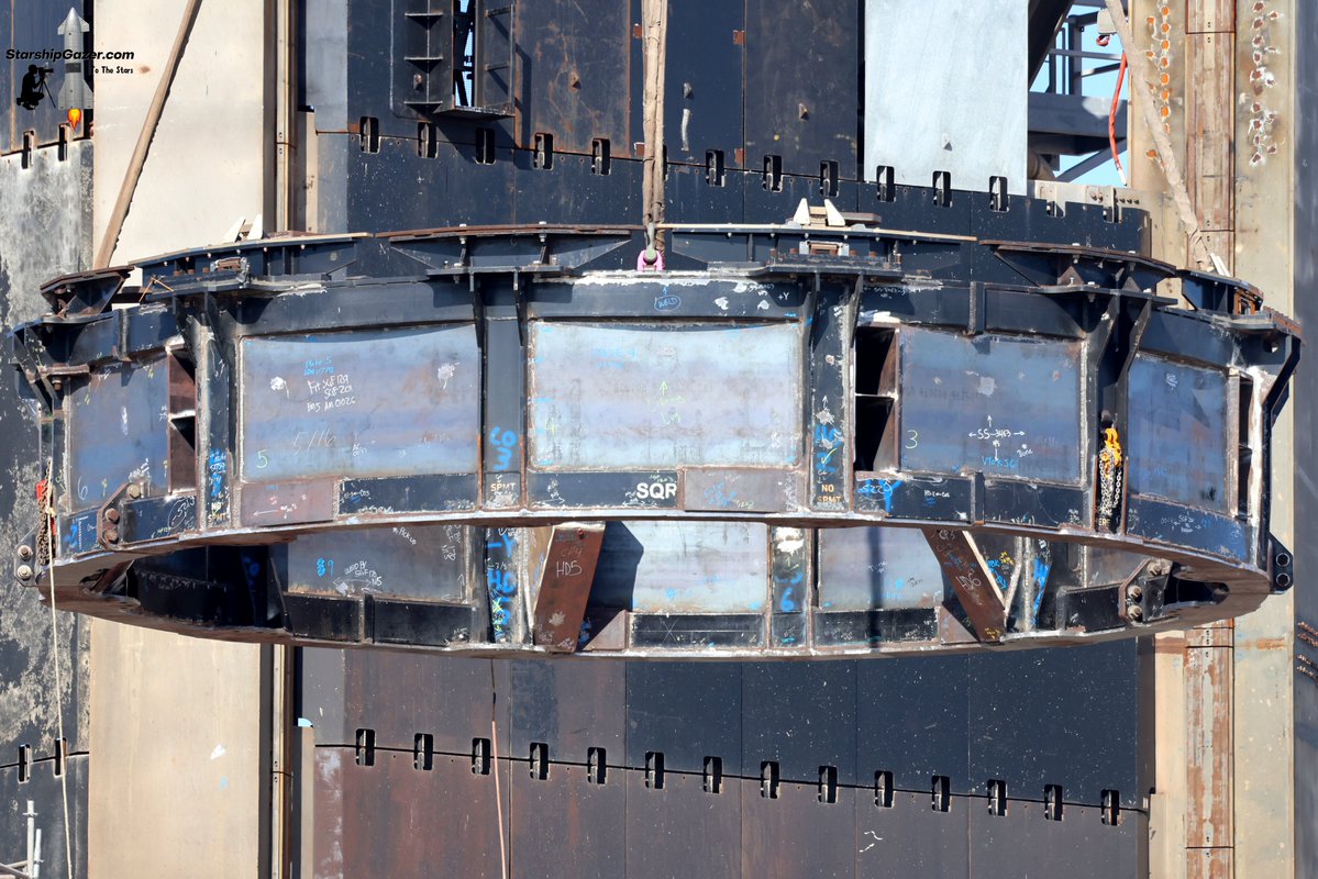 StarshipGazer's tweet image. The Starship launch mount static fire adapter has been lifted into position today in preparation for upcoming static fire testing of Starship 37 ahead of Starship test flight 10.
7/18/25