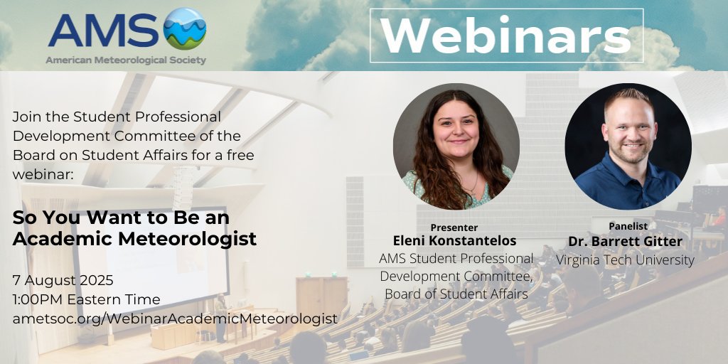 ametsoc's tweet image. Interested in becoming a professor or researcher in atmospheric science? Join Dr. Barrett Gutter (incoming: Virginia Tech) and host Eleni Konstantelos (San José State University) for an inside look at academic career paths in meteorology.
Register here: bit.ly/46mbUNp