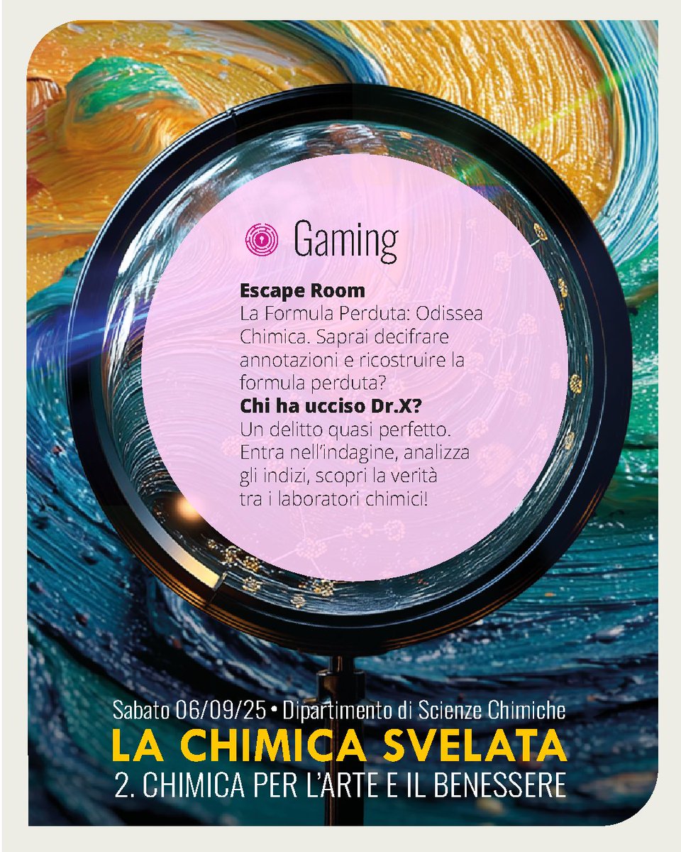 discunipd's tweet image. 📌Il 6 settembre torna #LaChimicaSvelata con la seconda edizione: “Chimica per l’Arte e il Benessere”.
Conferenze, laboratori, escape room e spettacolo teatrale tra luce, pigmenti, sostenibilità e alimentazione!
🎟️ Iscrizione gratuita 👉 unipd.link/chimicasvelata2
#discunipd