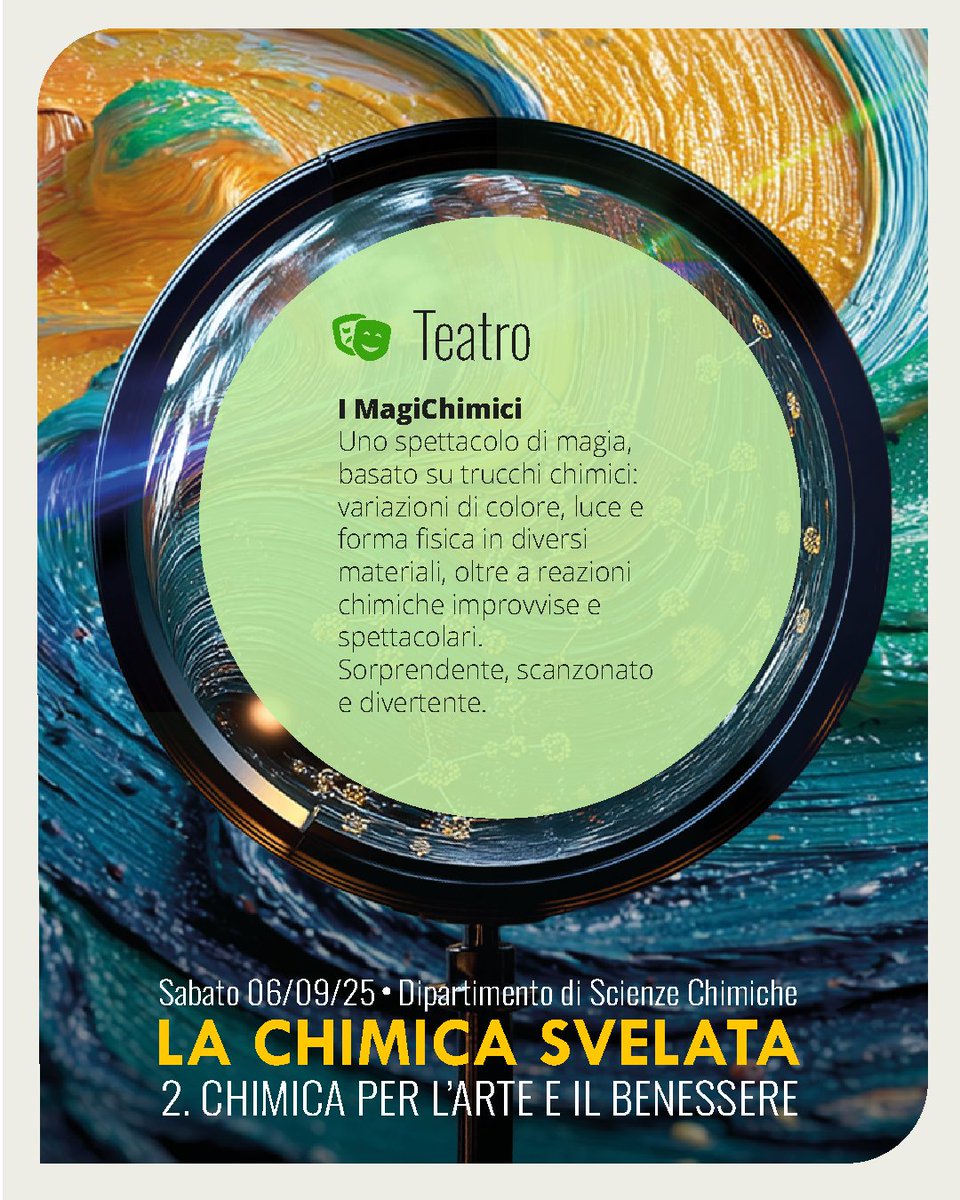 discunipd's tweet image. 📌Il 6 settembre torna #LaChimicaSvelata con la seconda edizione: “Chimica per l’Arte e il Benessere”.
Conferenze, laboratori, escape room e spettacolo teatrale tra luce, pigmenti, sostenibilità e alimentazione!
🎟️ Iscrizione gratuita 👉 unipd.link/chimicasvelata2
#discunipd