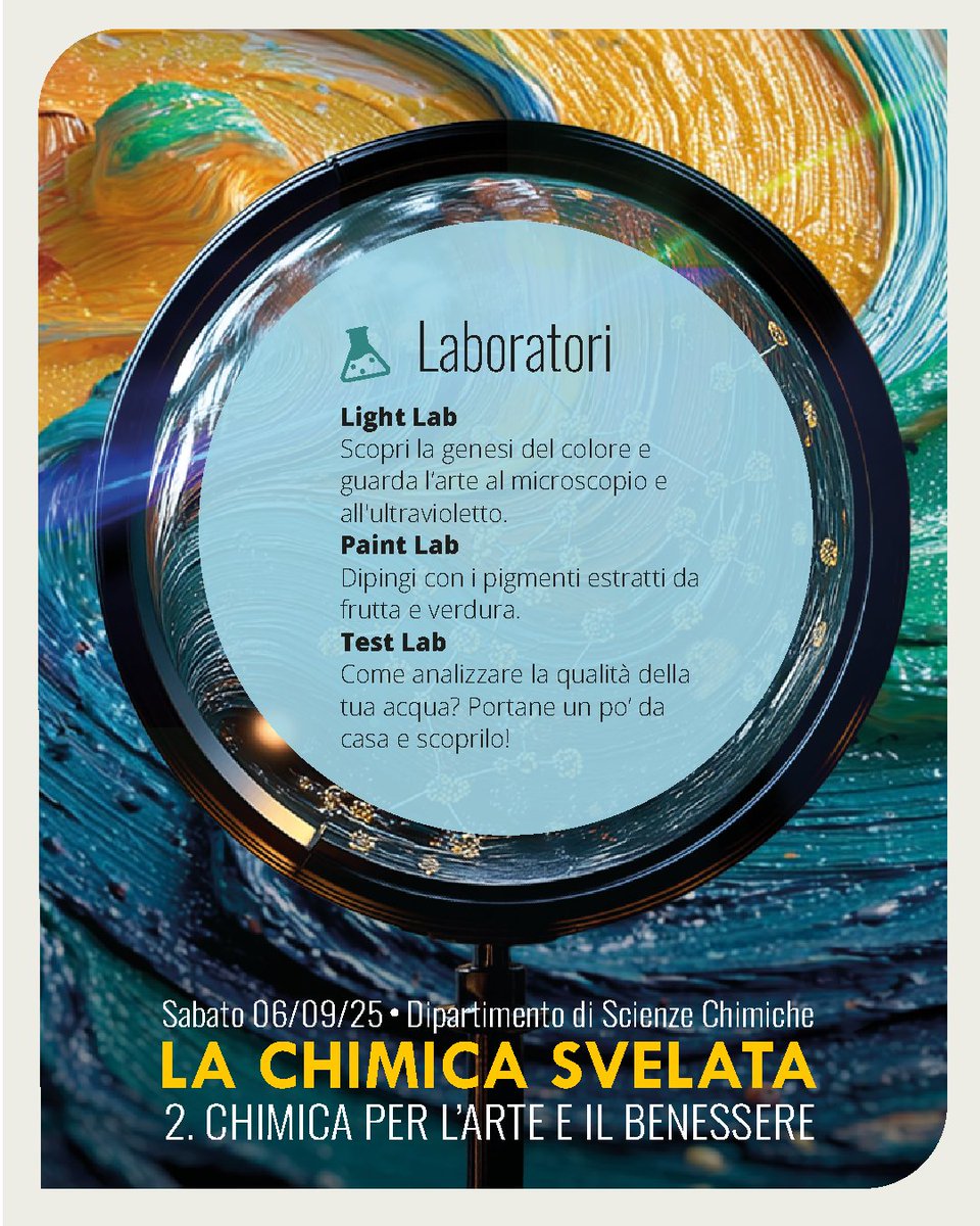 discunipd's tweet image. 📌Il 6 settembre torna #LaChimicaSvelata con la seconda edizione: “Chimica per l’Arte e il Benessere”.
Conferenze, laboratori, escape room e spettacolo teatrale tra luce, pigmenti, sostenibilità e alimentazione!
🎟️ Iscrizione gratuita 👉 unipd.link/chimicasvelata2
#discunipd