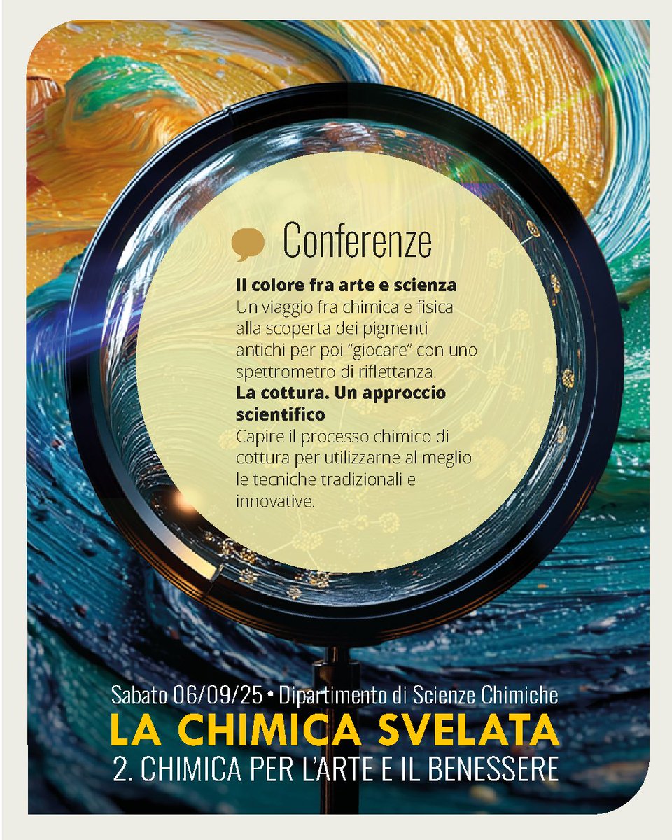 discunipd's tweet image. 📌Il 6 settembre torna #LaChimicaSvelata con la seconda edizione: “Chimica per l’Arte e il Benessere”.
Conferenze, laboratori, escape room e spettacolo teatrale tra luce, pigmenti, sostenibilità e alimentazione!
🎟️ Iscrizione gratuita 👉 unipd.link/chimicasvelata2
#discunipd