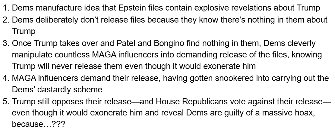 As far as I can tell, Trump's story on the "Epstein hoax" is now basically this: