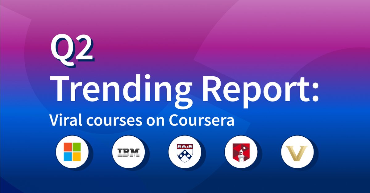 coursera's tweet image. ✨ Your Q2 trends report is here! From what we can see, AI, engineering, and data topics are all the buzz!
Consider this your Q2 recap. Here are the courses on Coursera from @IBM, @VanderbiltU, @Microsoft, and more that surged in popularity during the second quarter of the…