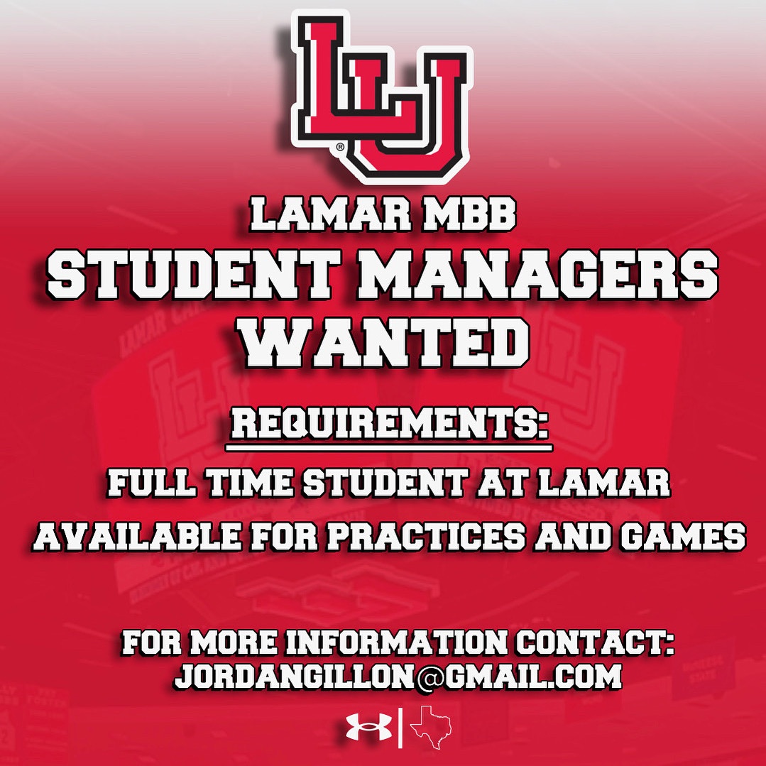 LamarMBB's tweet image. Student Managers wanted
Please contact Coach Jordan Gillon at jordangillon@gmail.com for more details.
#NextLevel