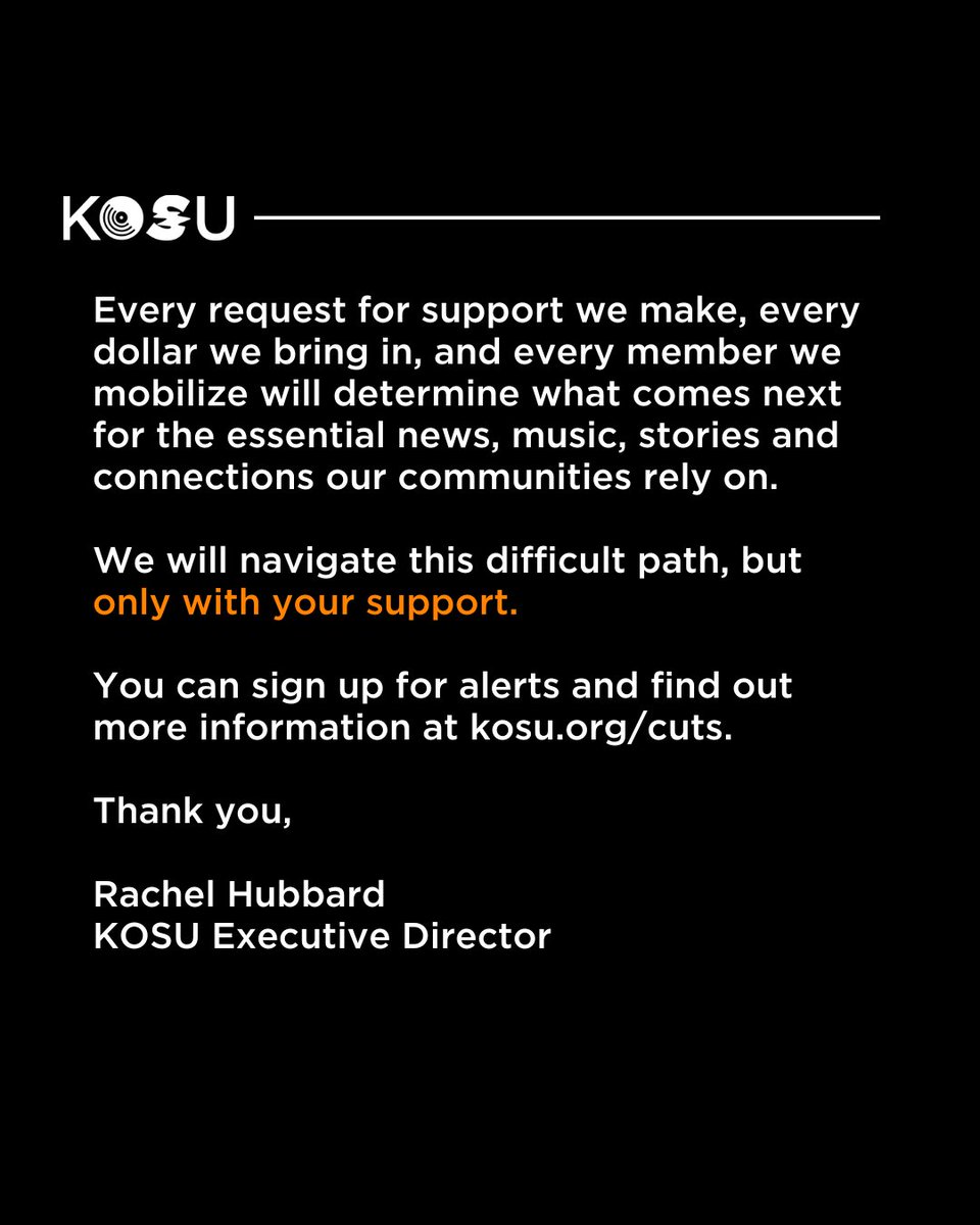KOSURadio's tweet image. Early this morning, Congress voted to strip away $1.1 billion in already approved funding for public broadcasting. This loss creates an immediate hole of $300,000 in KOSU’s budget.
Will you help us fill this funding gap? Donate at the link below.
kosu.secureallegiance.com/kosu/WebModule…