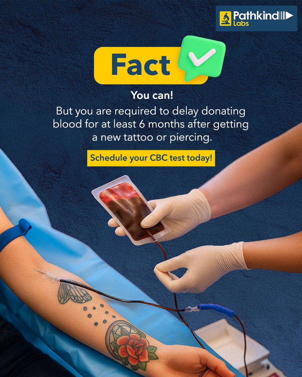 Thinking about donating blood after a fresh tattoo or piercing? 🤔 It's a common question! The good news is, you can still be a donor, but a 6-month waiting period is required for your safety.​

Stay informed about your health. Schedule your CBC test today! ​
​
#DonateBlood