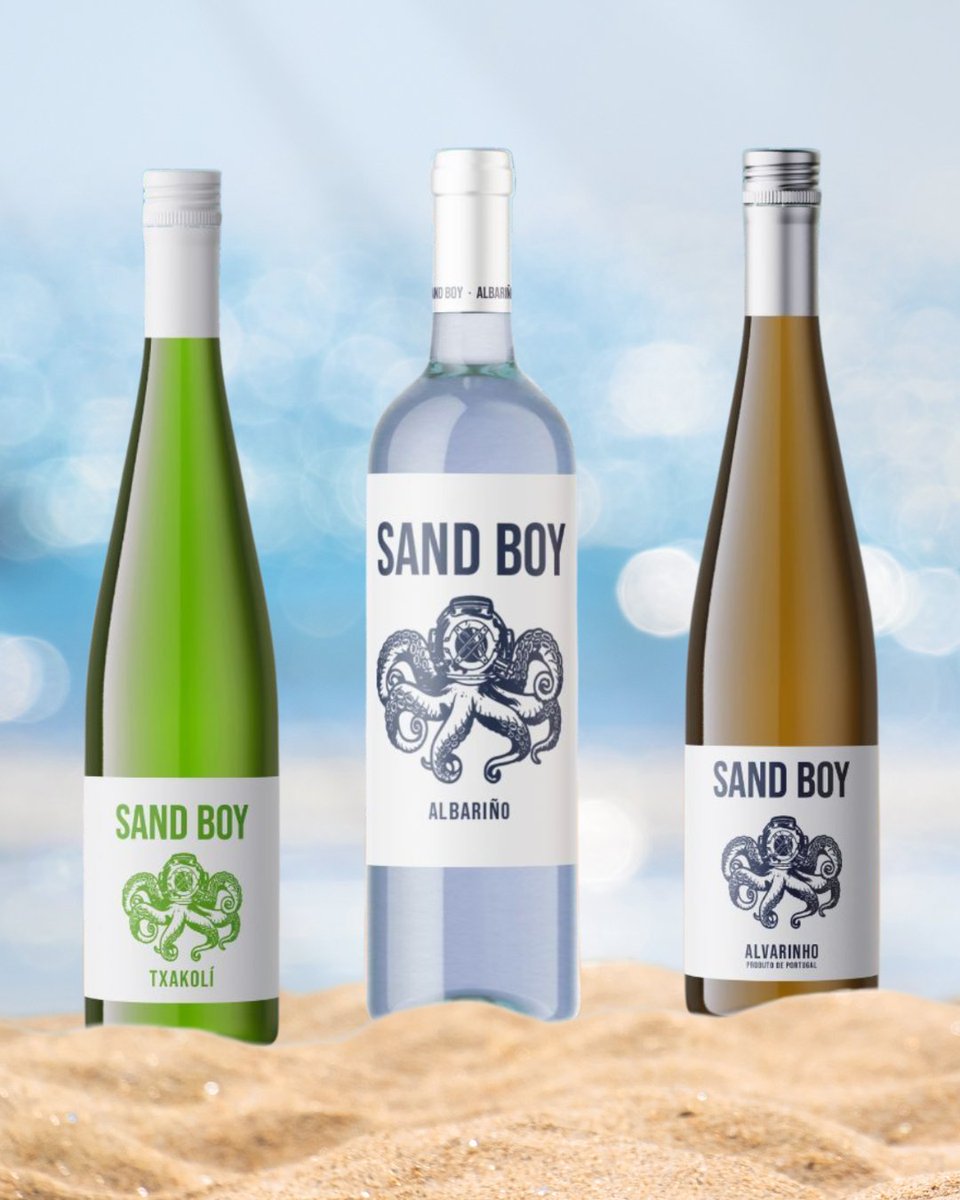 SAND BOY TRIO, summer, bottled. ☀️🍾
We’re thrilled to now have 3 vibrant Atlantic whites available:
🌊 #SandBoyTxakoli 🇪🇸  zesty, spritzy, sea spray freshness
🍑 #SandBoyAlbariño 🇪🇸 peach, citrus, saline minerality
🌸 #SandBoyAlvarinho 🇵🇹 floral, citrus, bright &amp; approachable