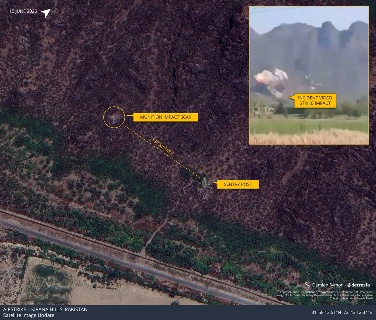 detresfa_'s tweet image. Imagery update from Google Earth of the Sargodha region, Pakistan, captured in June 2025, shows -
1 - the impact location of India's strike on Kirana Hills in May 2025
2 - repaired runways at Sargodha airbase post India's strikes in May 2025