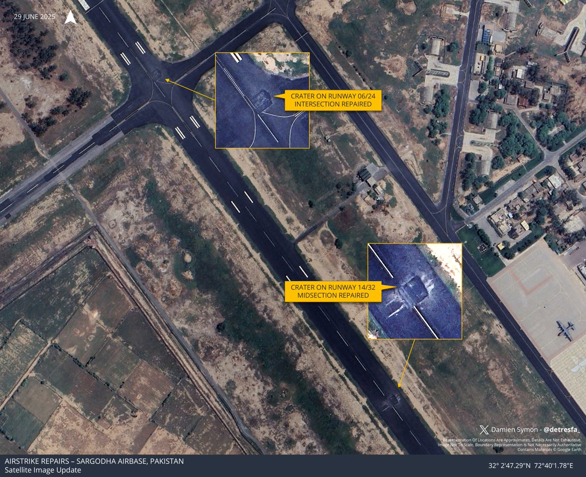 detresfa_'s tweet image. Imagery update from Google Earth of the Sargodha region, Pakistan, captured in June 2025, shows -
1 - the impact location of India's strike on Kirana Hills in May 2025
2 - repaired runways at Sargodha airbase post India's strikes in May 2025