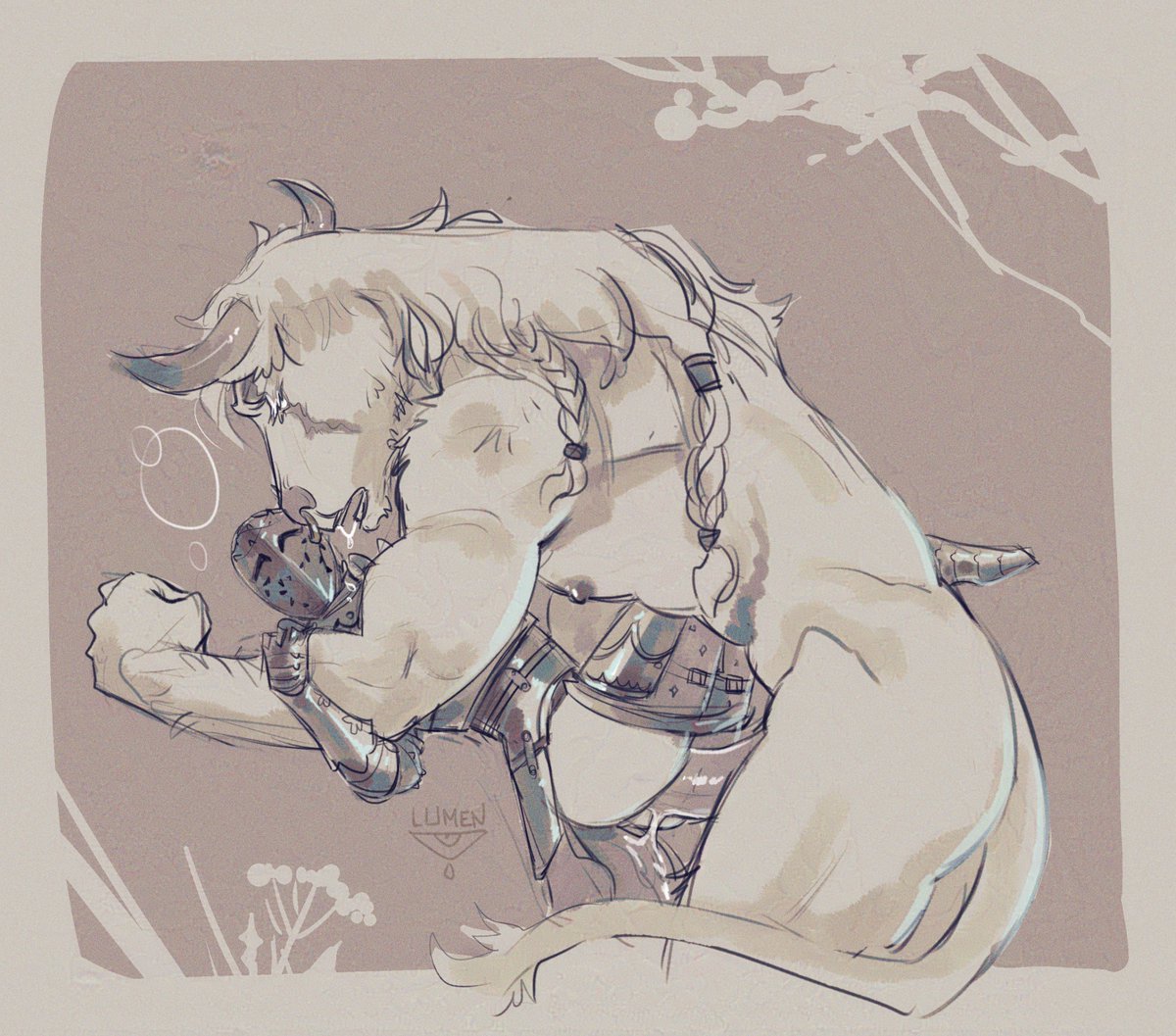 An OC couple I've not posted here, a minotaur and his knight boyfriend.