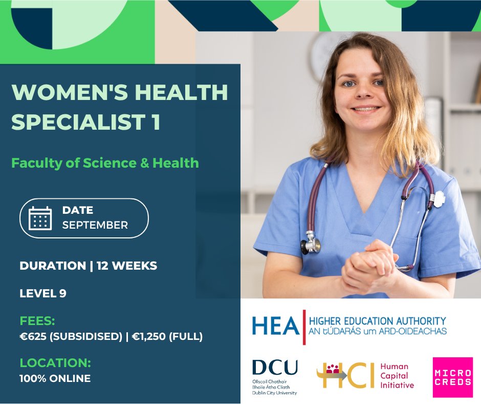 DCULearn's tweet image. 🩺 Women’s Health Specialist – Level 9 micro-credential (online)
💶 €1,250 / €625 with subsidy
📅 Starts Sept 2025 | Apply by 30 Aug

👉 dcu.ie/snpch/womens-h…
#nursing #womenshealth @MicroCreds @DCU