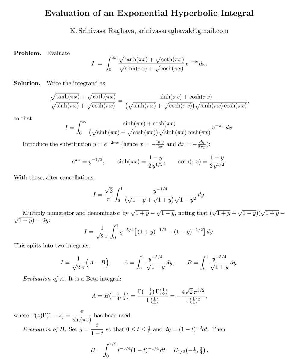 SrinivasR1729's tweet image. A curious 'Exponential Hyperbolic Integral'. It is not difficult to evaluate but it is interesting!