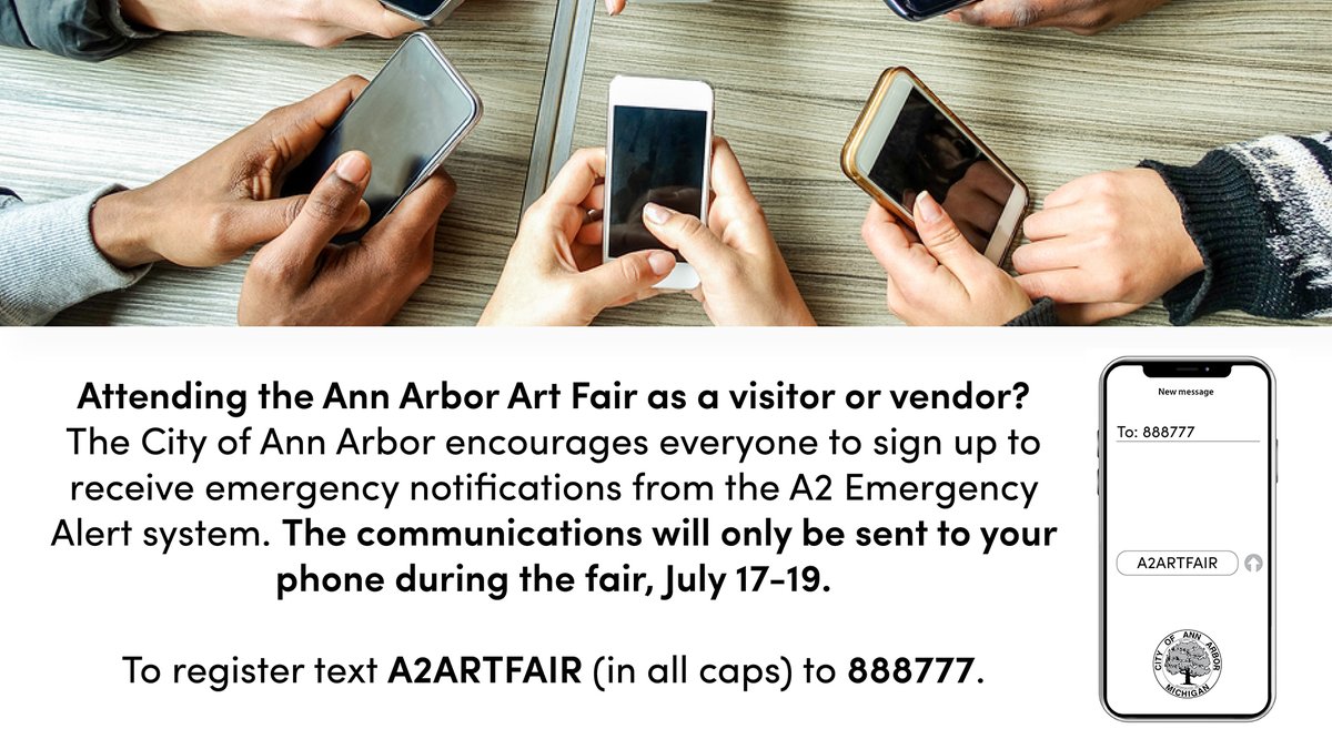 Attending Art Fair? NWS forecasting strong storms possible Saturday p.m. Outdoor warning sirens may activate in downtown zone (only) to alert vulnerable Art Fair vendors/crowds to seek shelter. Prepare &amp; SIGN UP for Art Fair alerts: Text A2ARTFAIR (all caps-no spaces) to 888777