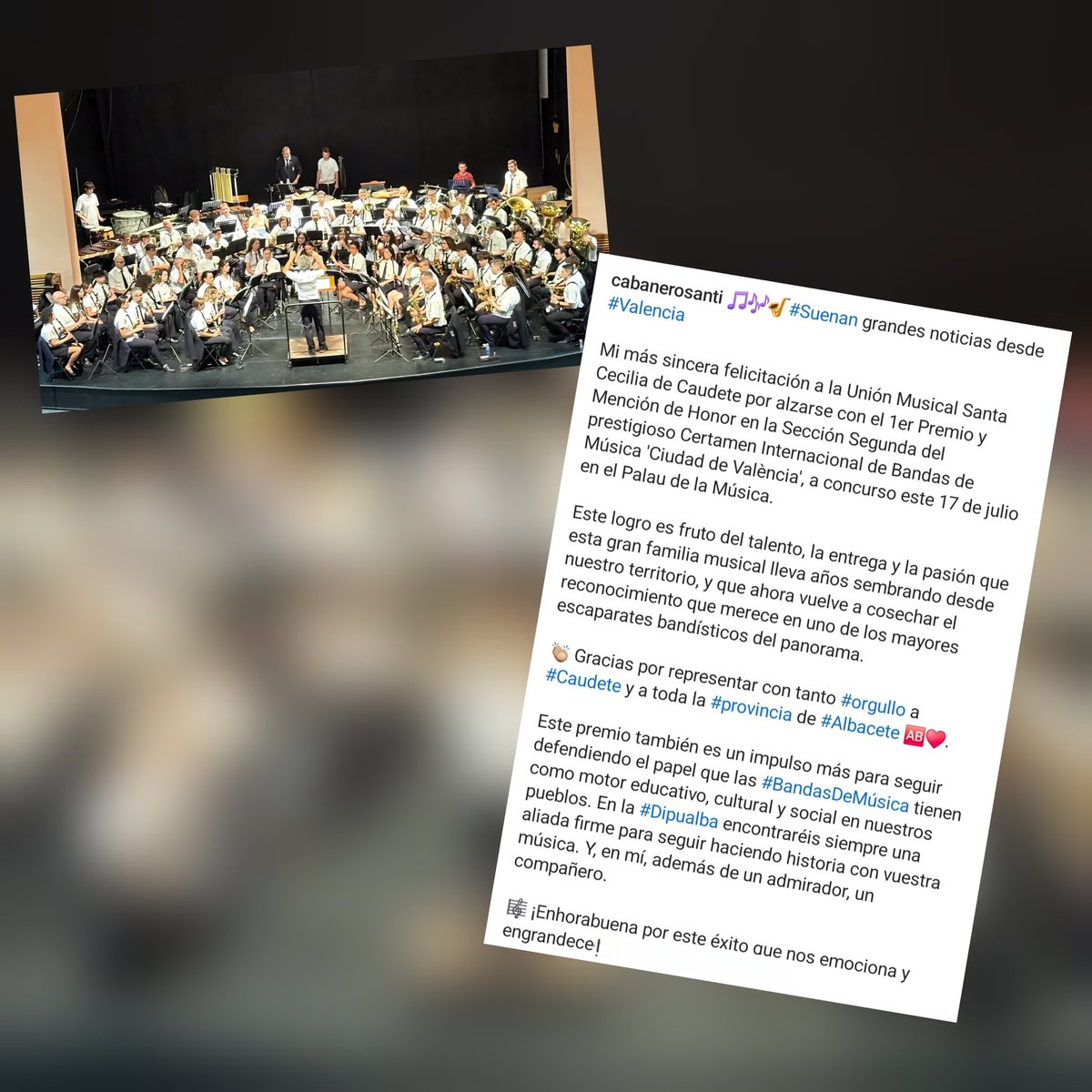 ¡#FELICIDADES, Sociedad Unión Musical Santa Cecilia de #Caudete, 1er Premio y #MenciónEspecial en la Sección 2ª del Certamen Internacional de #BandasDeMúsica 'Ciudad de València'! 😍👏🏼

Nos sumamos a las palabras de reconocimiento y admiración de <a href="/santicenizate/">santi cabañero</a> por vuestra hazaña