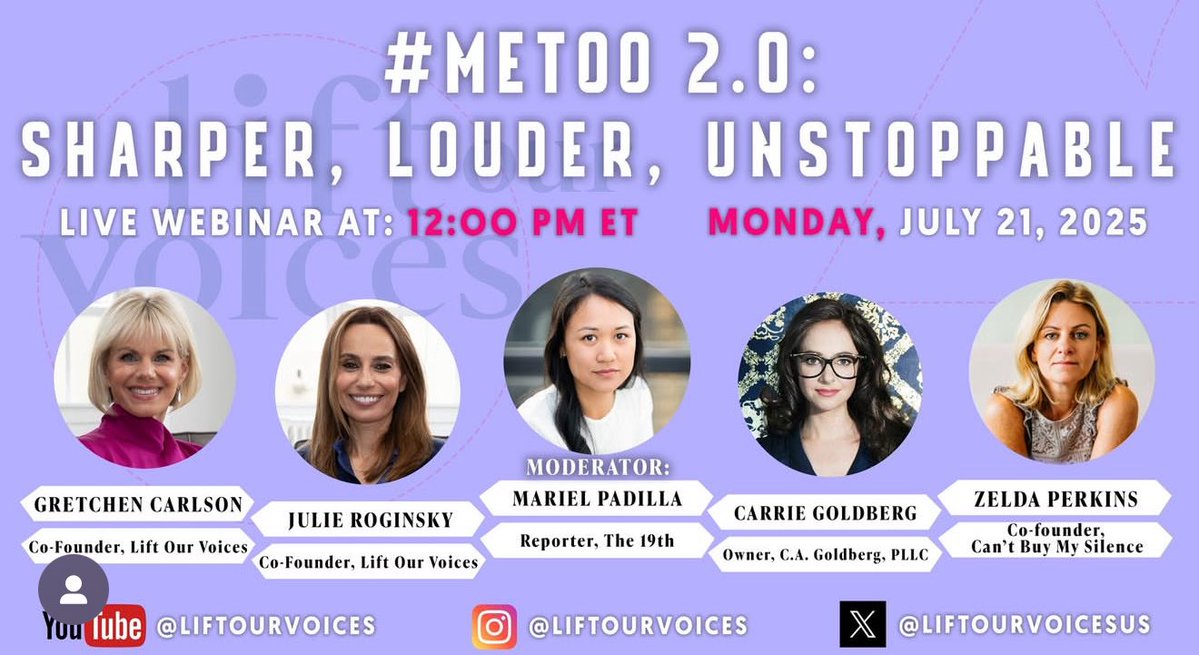 GretchenCarlson's tweet image. Join us @LiftOurVoicesUS for #MeToo 2.0: Sharper, Louder, Unstoppable webinar Monday! We’ll cut through headlines to reveal work we’re doing every day to change culture and force legal change. @19thnews
📅 Monday, July 21 | 🕛 12 PM EM
📲 Sign up here: lnkd.in/eMJxVvHN
