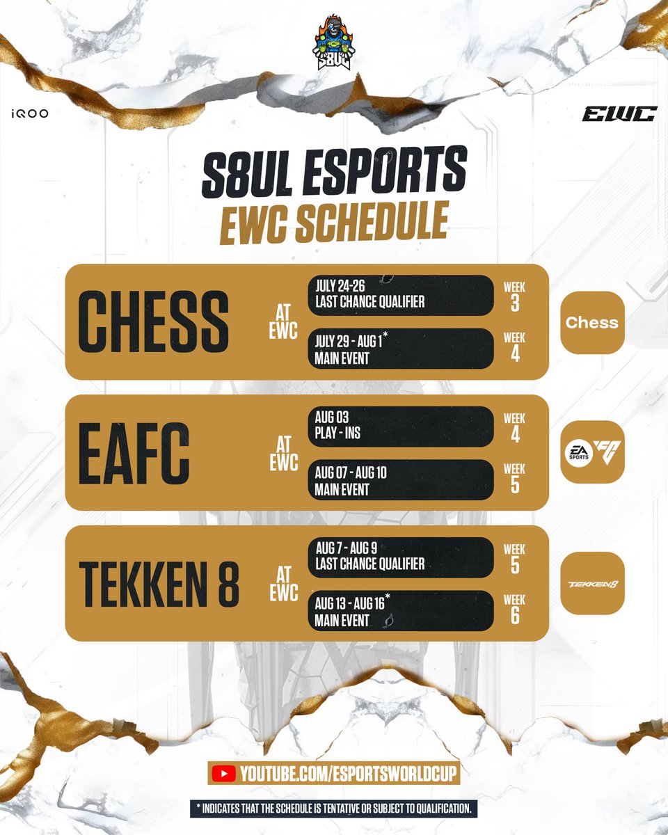 S8ulesports's tweet image. S8UL Esports Schedule is HERE!

S8UL is set to compete across multiple titles at EWC and other major tournaments.
Mark the dates and don’t miss the action — be there to back the boys 🚀

#Gameshuru #Gameशुरु #EWC2025 #S8ULFTW #iQOOS8UL
@EWC_EN