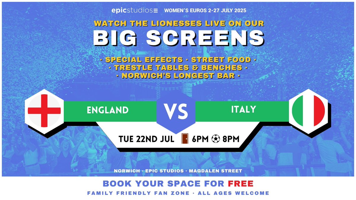 EPICNorwich's tweet image. 📣 JUST ANNOUNCED: By a great miracle, the Lionesses have made it into the semi-finals, so we will be back on Tuesday evening to watch the match from 6pm
Entry is free, reserve your place here 🎫 ow.ly/oBnC50WrTbv