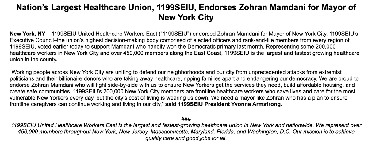 Annie_McDonough's tweet image. Inbox: 1199SEIU endorses Dem nominee Zohran Mamdani for mayor. The health care union backed Andrew Cuomo in the primary.