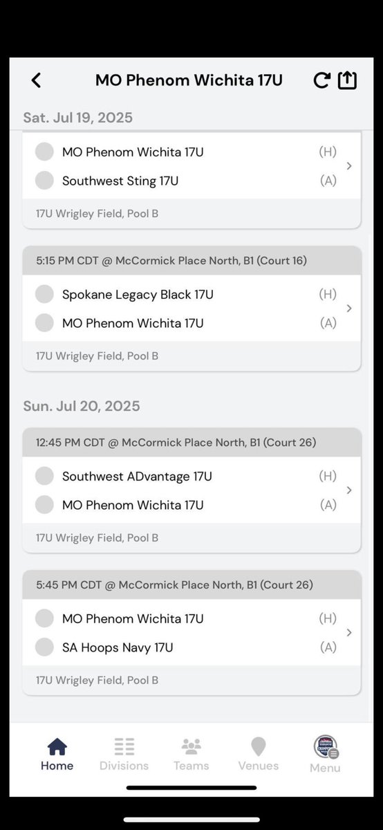 Schedule for Nike Nationals 
MO Phenom-Wichita 
📍Chicago, IL
