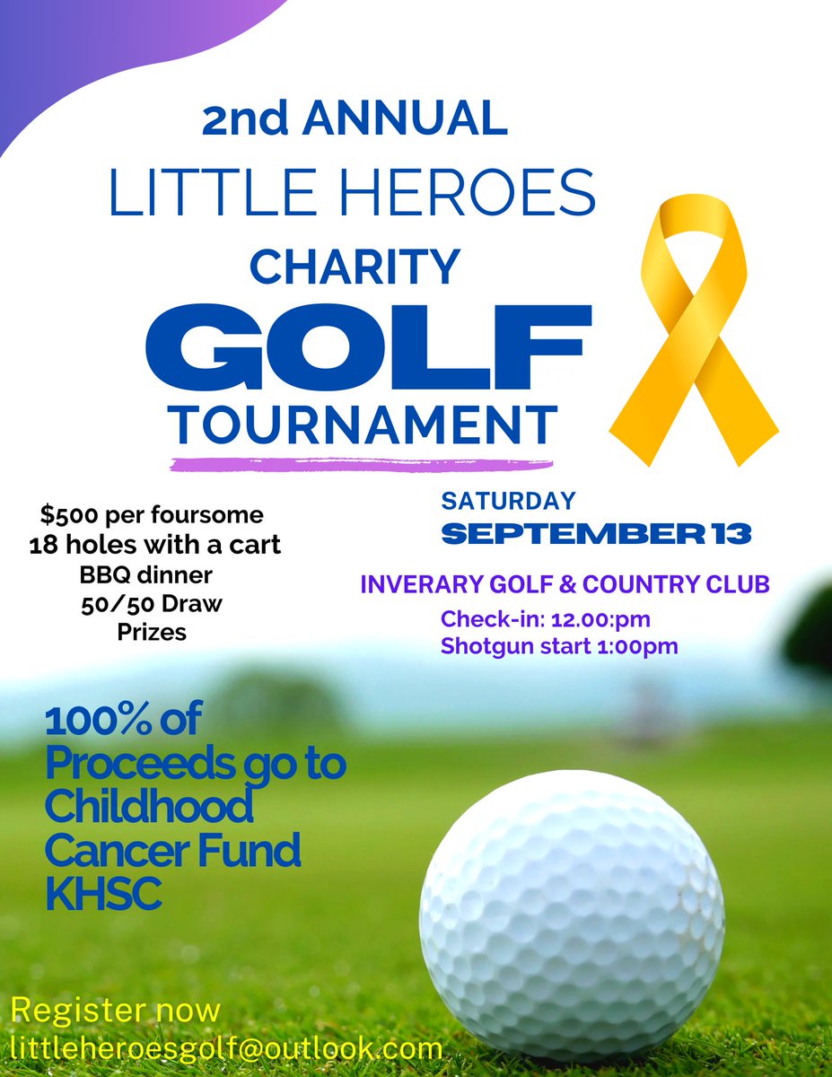 University Hospitals Kingston Foundation (@uhkf) on Twitter photo Join the 2nd Annual Little Heroes Charity Golf Tournament at Inveraray Golf Club! ⛳ All proceeds support the #ChildhoodCancerFund at <a href="/KingstonHSC/">KingstonHSC</a>. Last year they raised $14,700—let’s beat that!
💛 Register: littleheroesgolf@outlook.com #Fundraiser #MyKHSC Join the 2nd Annual Little Heroes Charity Golf Tournament at Inveraray Golf Club! ⛳ All proceeds support the #ChildhoodCancerFund at <a href="/KingstonHSC/">KingstonHSC</a>. Last year they raised $14,700—let’s beat that!
💛 Register: littleheroesgolf@outlook.com #Fundraiser #MyKHSC