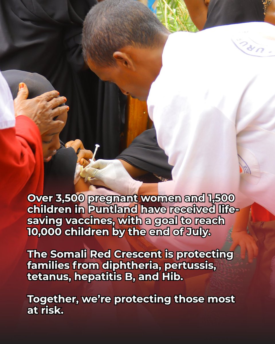 ifrc's tweet image. 🚨Life-saving vaccination campaign in action!
The Somali Red Crescent Society, Somali Ministry of Health and @IFRC have launched an emergency vaccination campaign in Puntland's Mudug region, reaching children under five and pregnant women to safeguard future generations.…