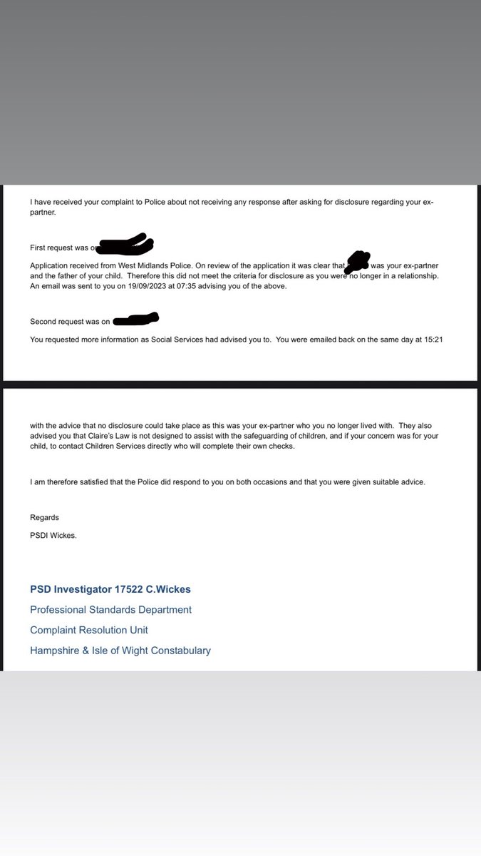 A woman I’m supporting just received this from <a href="/HantsPolice/">Hampshire Police</a> after requesting a Clare’s Law disclosure about her ex who she has a toddler with. 

They rejected it because the relationship had ended. Despite her having safeguarding concerns for her and her child. 

If this is true,