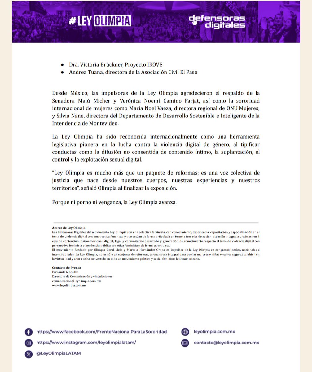 🇺🇾 Boletín #LeyOlimpiaUruguay

A todas y todos en los medios:

Agradecemos la difusión de la comunicación adjunta y quedamos atentas a sus mensajes para cualquier espacio para entrevistas con nuestras voceras.

Con amor 💜

Defensoras Digitales 

<a href="/OlimpiaCMujer/">Olimpia</a>