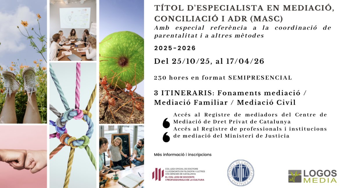 🔵 OFERTA CURSOS

📆 A partir del 20 d’octubre
✅ Especialització lletrada en estrangeria
👨‍💻 En línia

📆 A partir del 25 d’octubre
✅ Títol d’especialista en mediació, conciliació i ADR (MASC)
🙋‍♂️ Semipresencial

💻Informació i inscripcions a cicac.cat