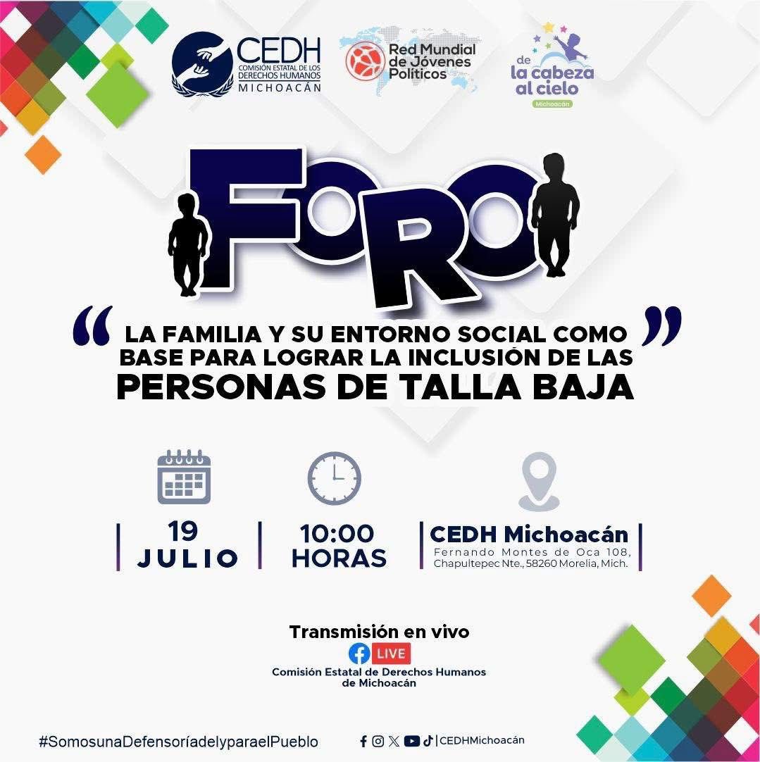 ¡Nos vemos mañana sábado!

Foro: “La familia y su entorno social como base para lograr la inclusión de las personas de talla baja”. #SomosunaDefensoríadeyparaelPueblo