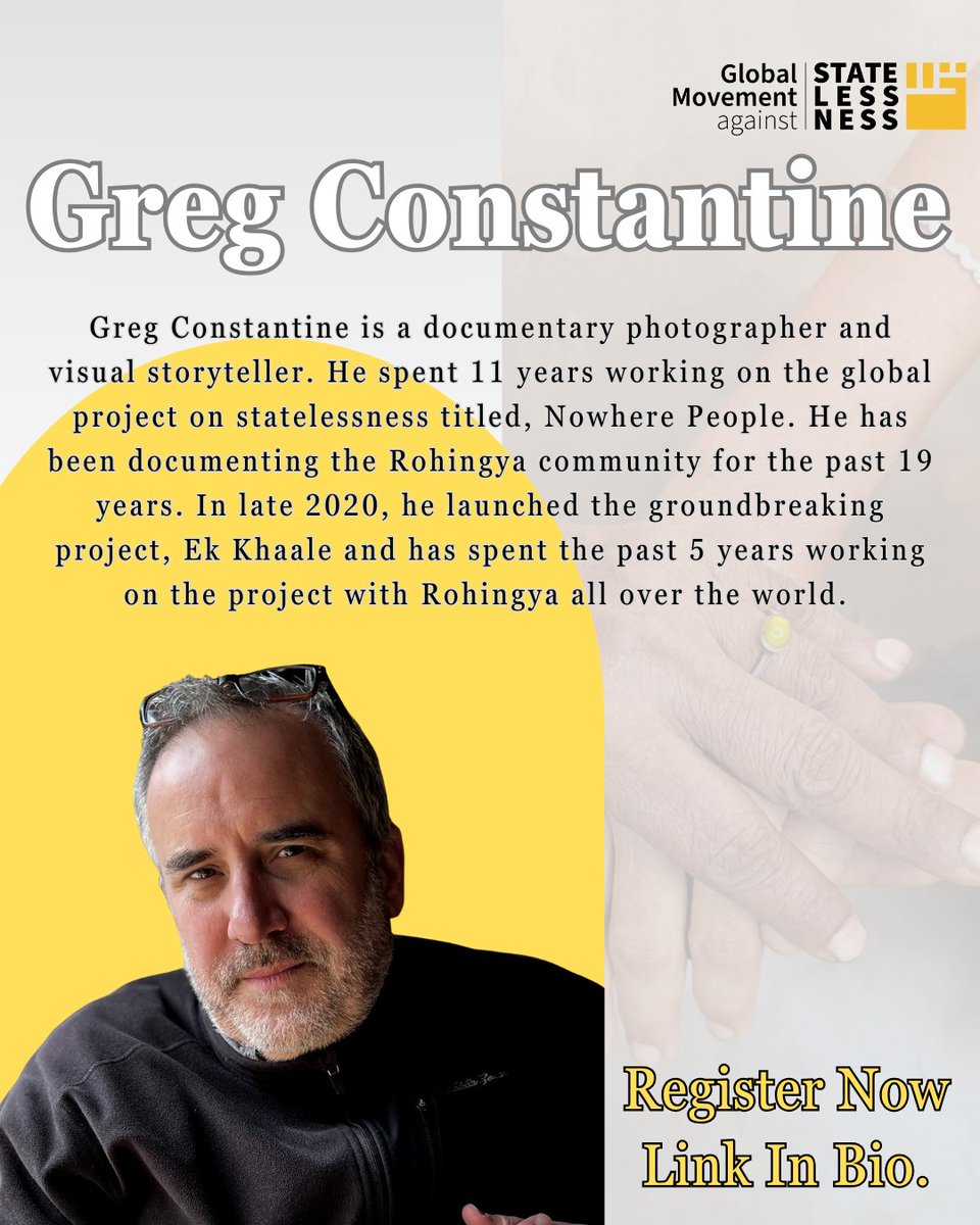 Speakers spotlight:
Greg Constantine has spent 19 years documenting the Rohingya &amp; 11 years on his #globalstatelessness project Nowhere People.
His Ek Khaale, a powerful #visualcollaboration with #Rohingya #worldwide.
Don’t miss his insight 
Register Now:us02web.zoom.us/meeting/regist…