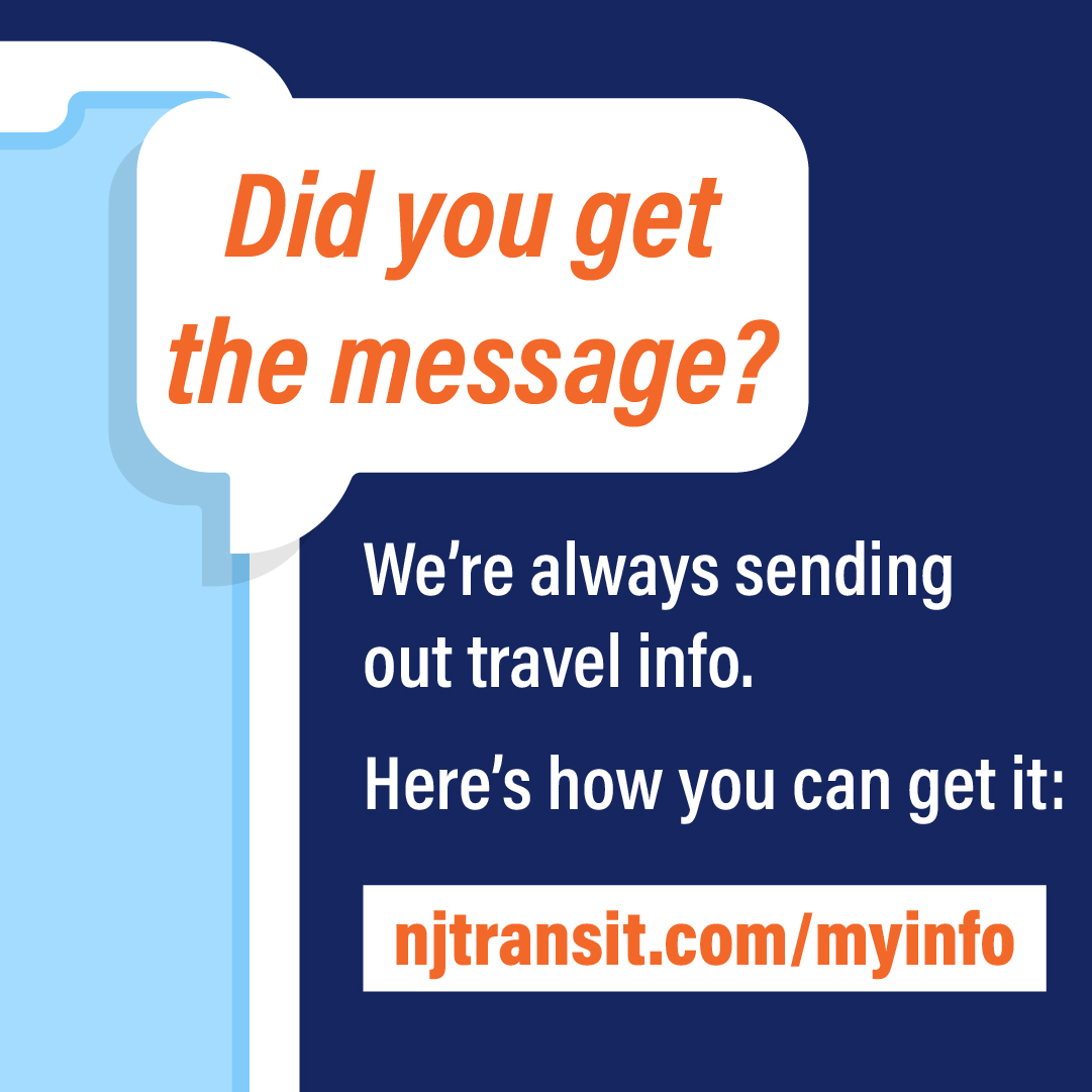 NJTRANSIT_ACRL's tweet image. 🗨️ Stay in the know with your commute on NJ TRANSIT! Keep yourself informed with the latest travel alerts and updates, before you leave home or during your journey. Visit njtransit.com/myinfo to learn more.