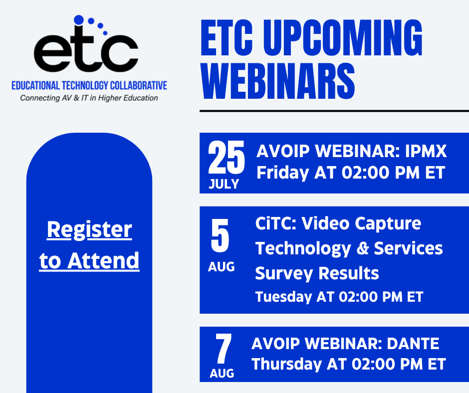 Ed_Tech_Collab's tweet image. ETC has some exciting webinars coming up in the next couple of weeks. Be sure to register &amp;amp; add them to your calendar! Full details available on the ETC Website - etcollaborative.org/index.php?opti….

See you there! #ETC #AVProfessionals #AVTweeps #HigherEducation #Webinars #Virtual #AVoIP