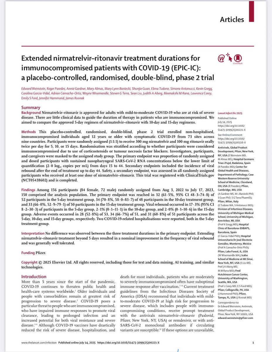 tmprowell's tweet image. #MedTwitter #OncTwitter
NEW RCT: 5, 10, or 15d of Paxlovid in 156 immunocompromised (IC) ppl. No diff in primary endpt of sustained viral suppression d15-44.
🔑 takeaways: rebound isn’t rare (1 in 4 of severely IC ), & enrichment/endpt selection matter.
thelancet.com/action/showPdf…