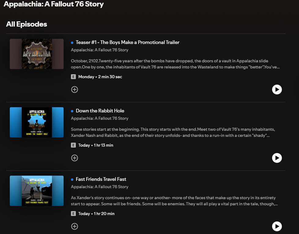 We...

Are...

LIVE!

The premiere episodes of Appalachia: A Fallout 76 Story (a spinoff of CHAD: A Fallout 76 Story) are live on Spotify.

Episode 1: Down the Rabbit Hole

And

Episode 2: Fast Friends Travel Fast

open.spotify.com/show/3BOa9Jjgn…