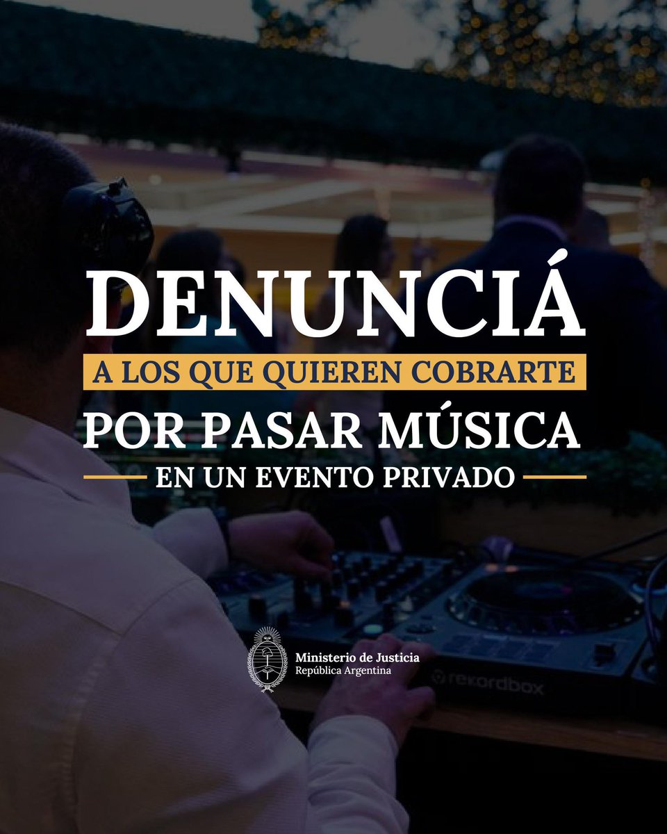 MinJusticia_Ar's tweet image. ¿Te quisieron cobrar por poner música en una reunión privada? Este Gobierno desreguló el uso en el ámbito privado.
Desde ahora podés denunciar estos cobros indebidos de forma simple y online, ingresando al sitio oficial de la Dirección Nacional del Derecho de Autor a través del…