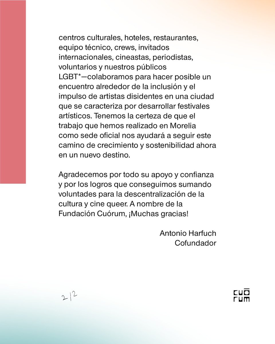 Desde el Festival Cuórum agradecemos a nuestros públicos y aliados de Morelia, y al Estado de Michoacán. 🧡