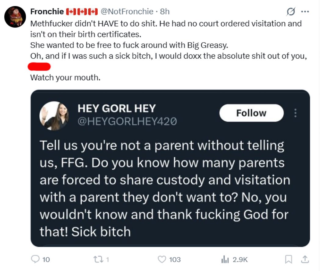 Just FFGunt casually threatening to dox a viewer because reasons…you are 100% a sick, cat-stealing bitch. Someone throw her something to eat so she’s less psychotic for a minute.