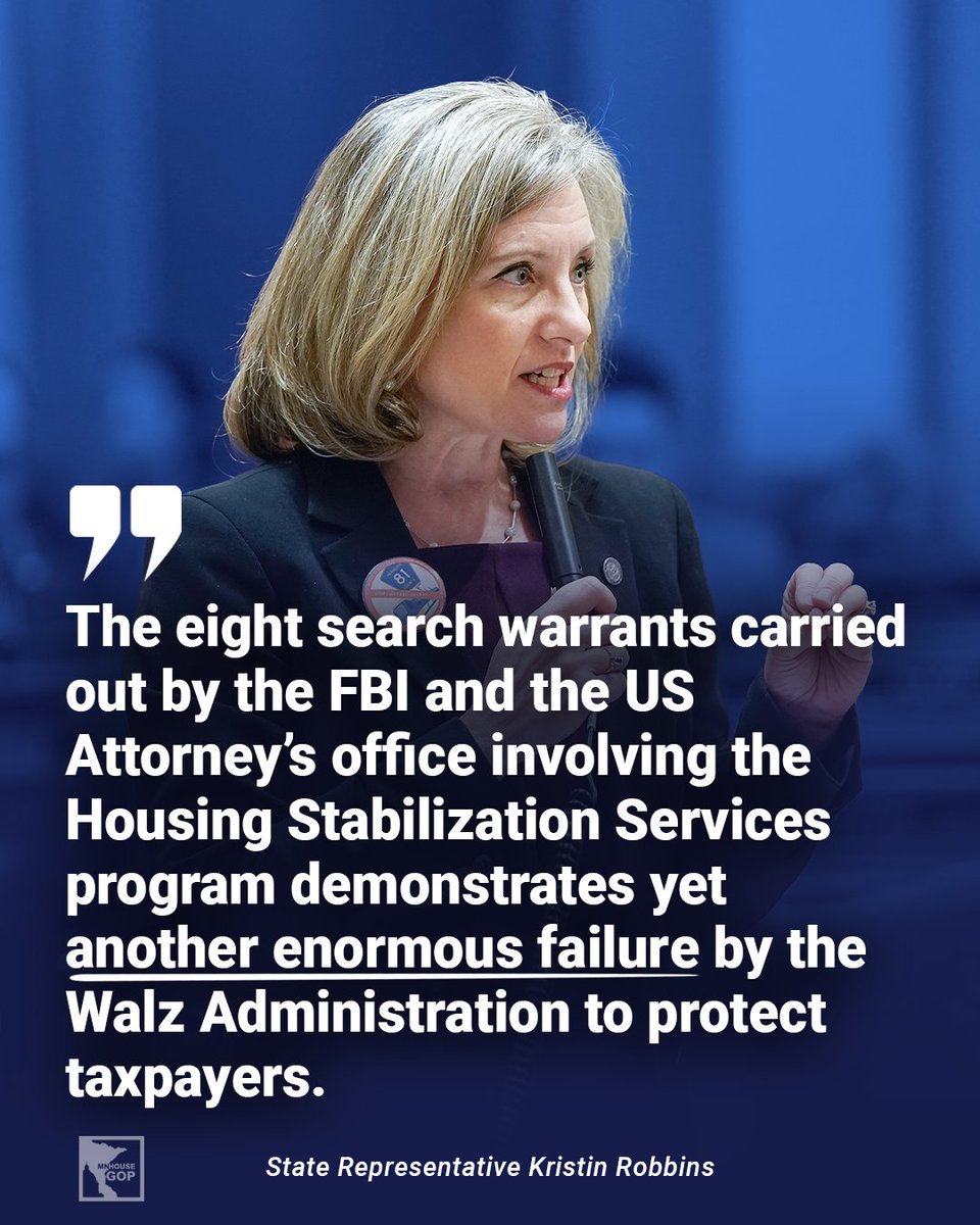 mnhousegop's tweet image. Chair of the House Fraud Committee responds to the latest housing fraud investigation:
"This follows the same pattern the Fraud Committee has been highlighting for months: Minnesota expands unregulated Medicaid services and fraudsters jump in to exploit lax oversight by DHS to…
