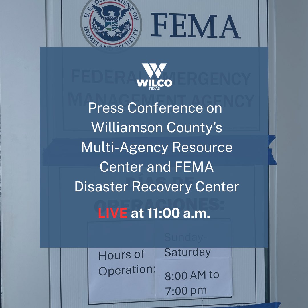 PreparingWilCo's tweet image. 📺 Watch live at 11 a.m. on Facebook facebook.com/share/16s9bQPP…
Press conference on the Multi-Agency Resource Center and FEMA Disaster Recovery Center for flood-impacted residents.