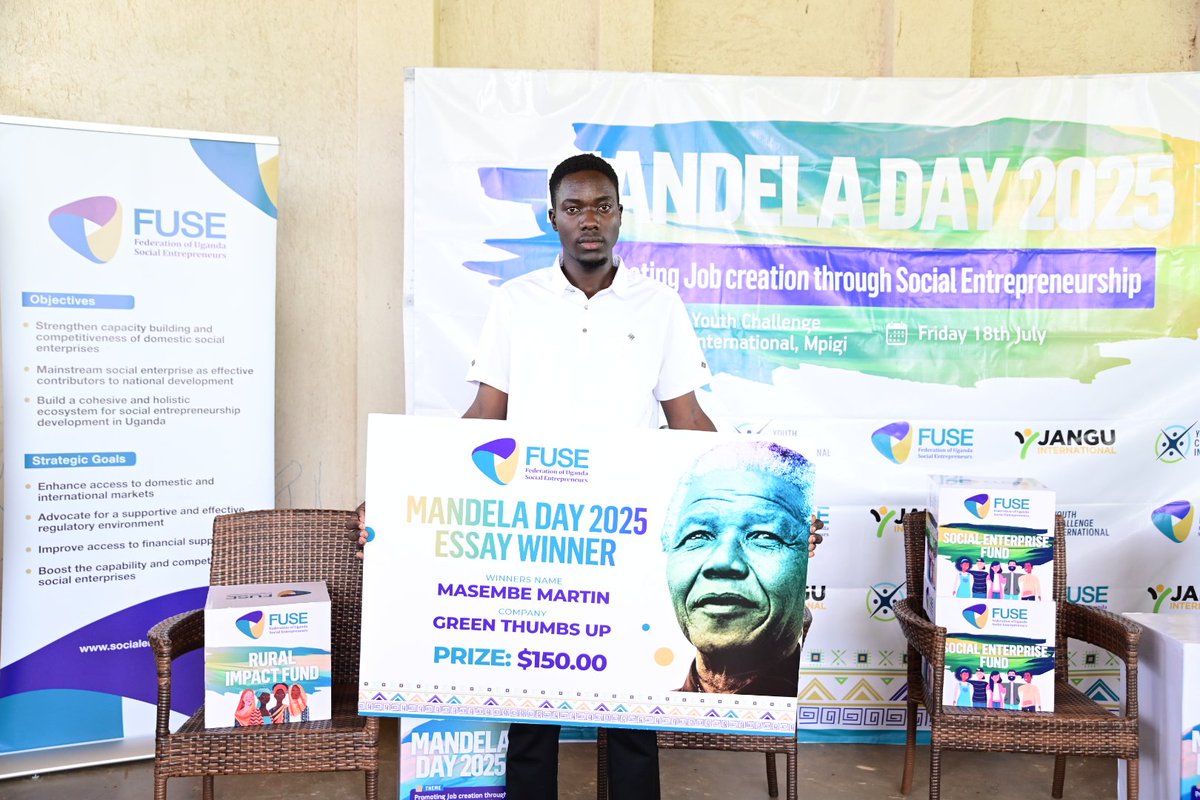 SocialEnterp_Ug's tweet image. ▪︎Masembe Martin Dan, 22 years, winner of the Mandela Day Essay writing competition received his award of $150 today, during the Mandela Day Celebrations👏🎉

#MandelaDay2025 #FUSE  #socialenterpriseuganda