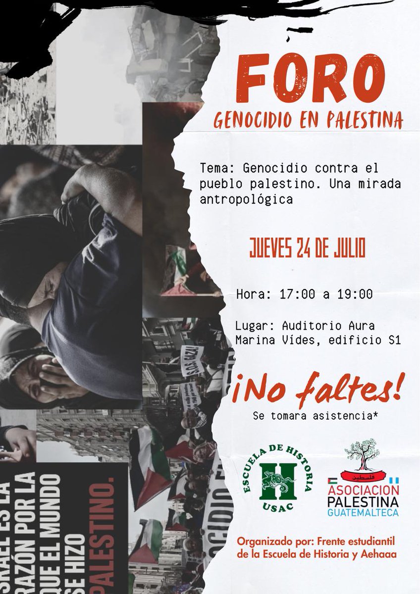 El próximo jueves 24 se tendrá un foro sobre Palestina en la escuela de Historia, edificio S1. 
Se les espera, no dejemos de hablar de Palestina 🇵🇸🇬🇹