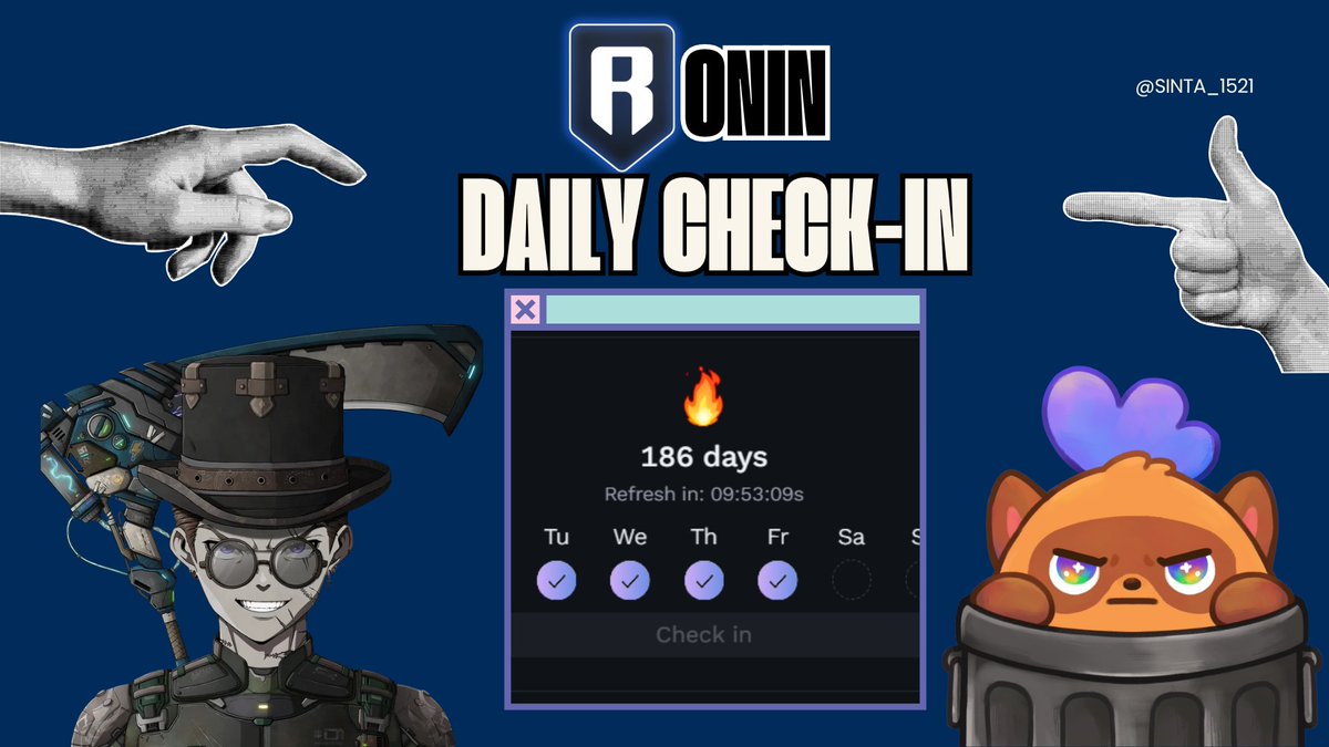 Today is my 186th Daily check-in streak in <a href="/Ronin_Network/">Ronin</a> .

What about you?

Believe in something 🪄

Featuring my Undead <a href="/AwakenHunterNFT/">Awakening Hunters</a> and Trash Clan <a href="/Moku_HQ/">Moku✨</a> 😊

#MokuFWB 
#RoninCreator 
#KINDcreator