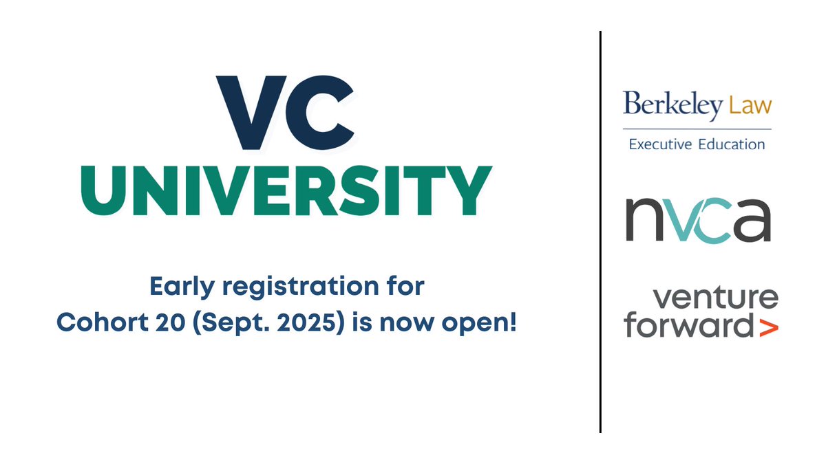 Venture Forward (@vcforward) on Twitter photo Early-bird registration for #VCUniversity opens today! Cohort 20 of our industry-leading certificate course, led in partnership with <a href="/nvca/">NVCA</a> and <a href="/BerkLawExecEd/">Berkeley Law Executive Education</a>, starts in September.
✨Learn more and register by Aug. 1 to access the early-bird discount: venturecapitaluniversity.com/online-course Early-bird registration for #VCUniversity opens today! Cohort 20 of our industry-leading certificate course, led in partnership with <a href="/nvca/">NVCA</a> and <a href="/BerkLawExecEd/">Berkeley Law Executive Education</a>, starts in September.
✨Learn more and register by Aug. 1 to access the early-bird discount: venturecapitaluniversity.com/online-course