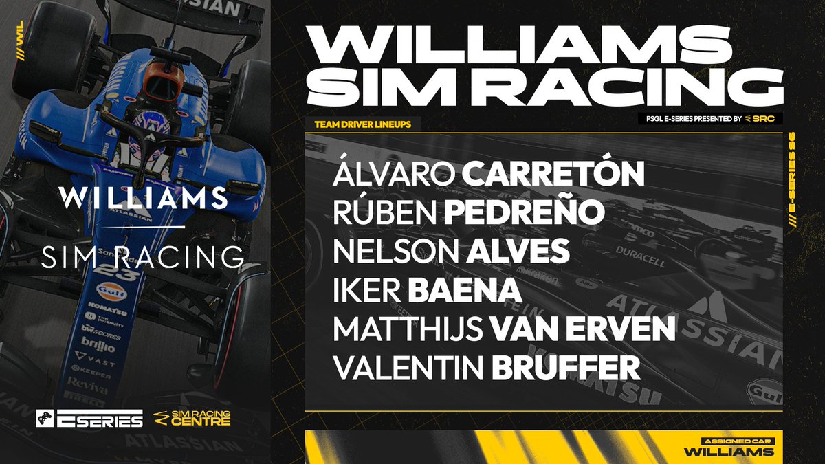 PSGL (@premiersimgl) on Twitter photo Moving onto our professional teams, <a href="/WilliamsEsports/">Williams Sim Racing</a> have a stacked roster! 🤩
#F1Esports stars <a href="/AlvaroCarreton/">Álvaro Carretón</a> & <a href="/RubenP_F1/">Rubén Pedreño</a> lead the team
PS F1 legends <a href="/MatthijsvErven/">Matthijs van Erven</a> & <a href="/Vasterracer/">Valentin04</a> are also involved 💥
#PSGLESeries Moving onto our professional teams, <a href="/WilliamsEsports/">Williams Sim Racing</a> have a stacked roster! 🤩
#F1Esports stars <a href="/AlvaroCarreton/">Álvaro Carretón</a> & <a href="/RubenP_F1/">Rubén Pedreño</a> lead the team
PS F1 legends <a href="/MatthijsvErven/">Matthijs van Erven</a> & <a href="/Vasterracer/">Valentin04</a> are also involved 💥
#PSGLESeries