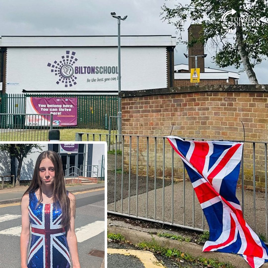 TPointUK's tweet image. Someone has tied a Union Flag outside Bilton School who punished a young schoolgirl for wearing a Union Flag dress.
What an iconic image! 🇬🇧