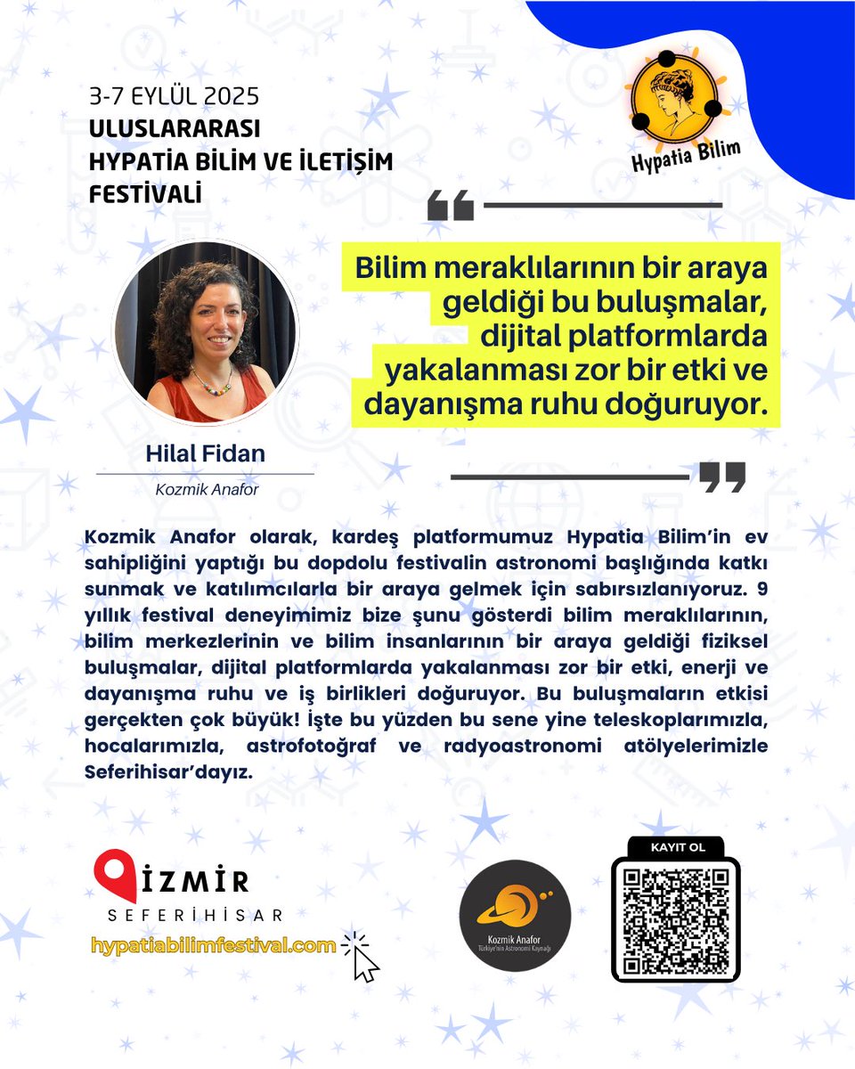 Hypatia Bilim (@hypatiabilim) on Twitter photo 🚀 Festival Öncesi: Kim Ne Diyor? | <a href="/KozmikAnafor/">Kozmik Anafor</a> - Hilal Fidan
🔭 Hilal Fidan, bu yıl Kozmik Anafor’un Hypatia Bilim ve İletişim Festivali’nde astronomi başlığına katkı sunmaya hazırlandığını duyuruyor:
✨ “Bilim tutkunlarının bir araya geldiği fiziksel buluşmalar, dijitalde 🚀 Festival Öncesi: Kim Ne Diyor? | <a href="/KozmikAnafor/">Kozmik Anafor</a> - Hilal Fidan
🔭 Hilal Fidan, bu yıl Kozmik Anafor’un Hypatia Bilim ve İletişim Festivali’nde astronomi başlığına katkı sunmaya hazırlandığını duyuruyor:
✨ “Bilim tutkunlarının bir araya geldiği fiziksel buluşmalar, dijitalde